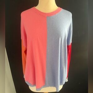 Colorblock Knit Womens Blouse Lightweight Sweater Size Medium Red Pink Blue